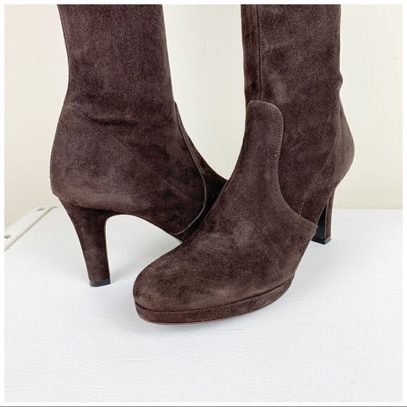 Graffiti Brown Suede Platform Heel Pull-On Boots Sz 7.5 - Picture 6 of 10